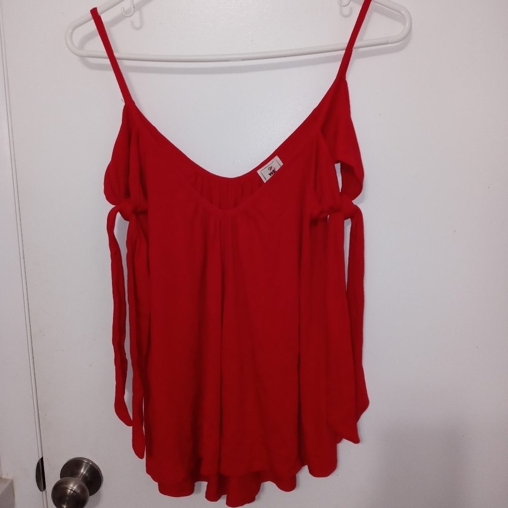 We the Free Red cold shoulder Double V Neck Camisole Blouse Tie up Shoulders XS